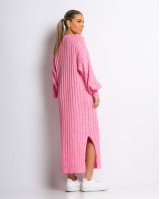 Φόρεμα πλεκτό μακρύ με V ροζ