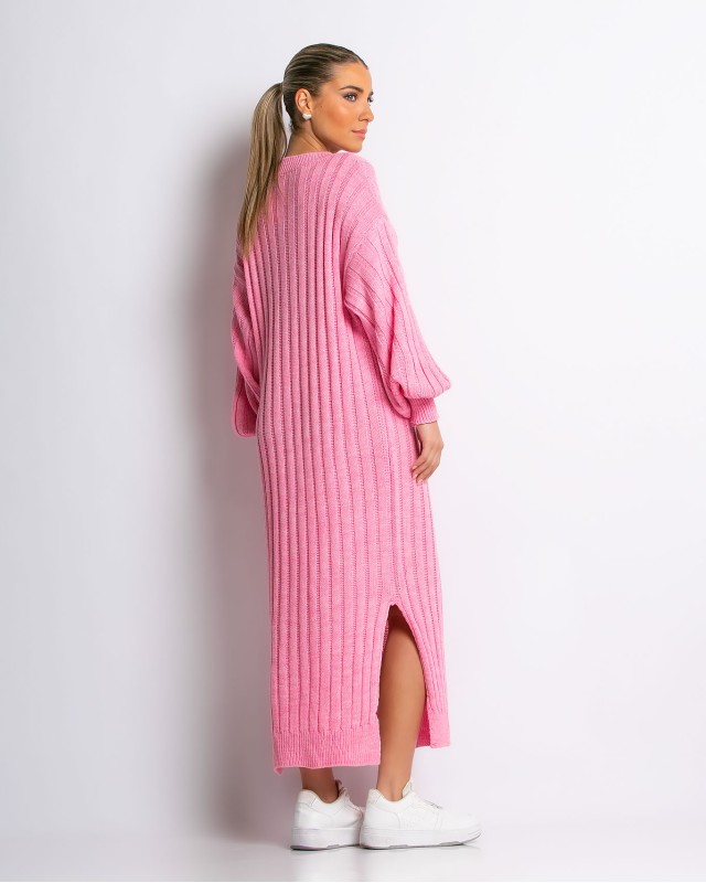 Φόρεμα πλεκτό μακρύ με V ροζ