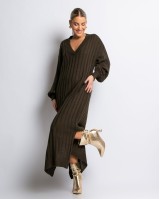 Φόρεμα πλεκτό μακρύ με V χακί