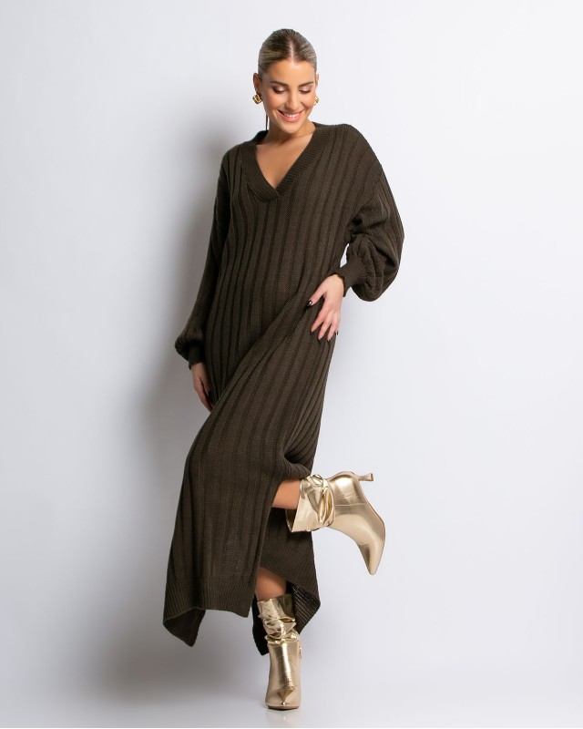 Φόρεμα πλεκτό μακρύ με V χακί