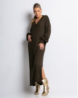 Φόρεμα πλεκτό μακρύ με V χακί