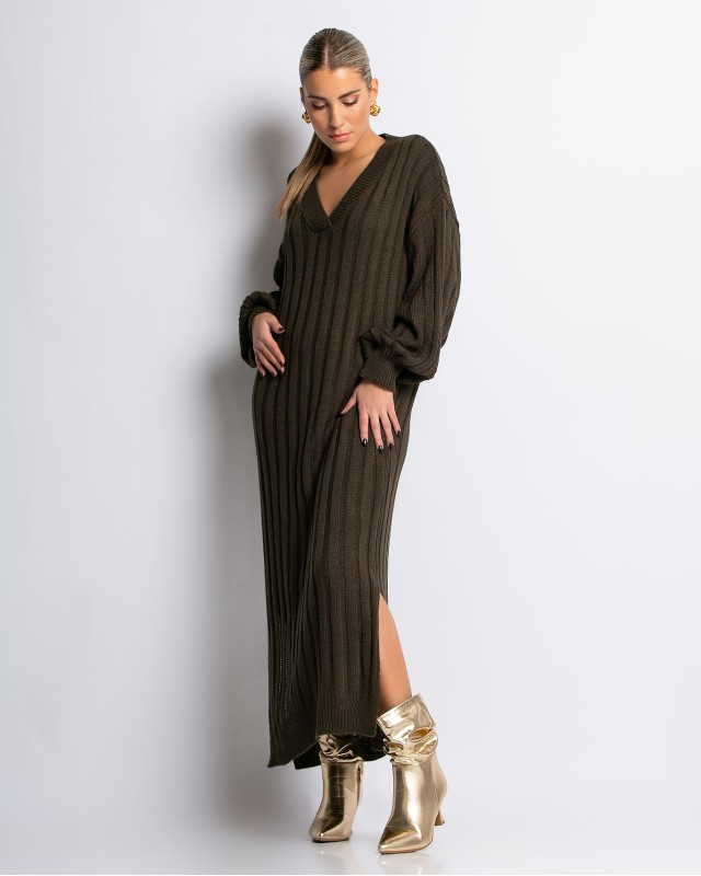 Φόρεμα πλεκτό μακρύ με V χακί