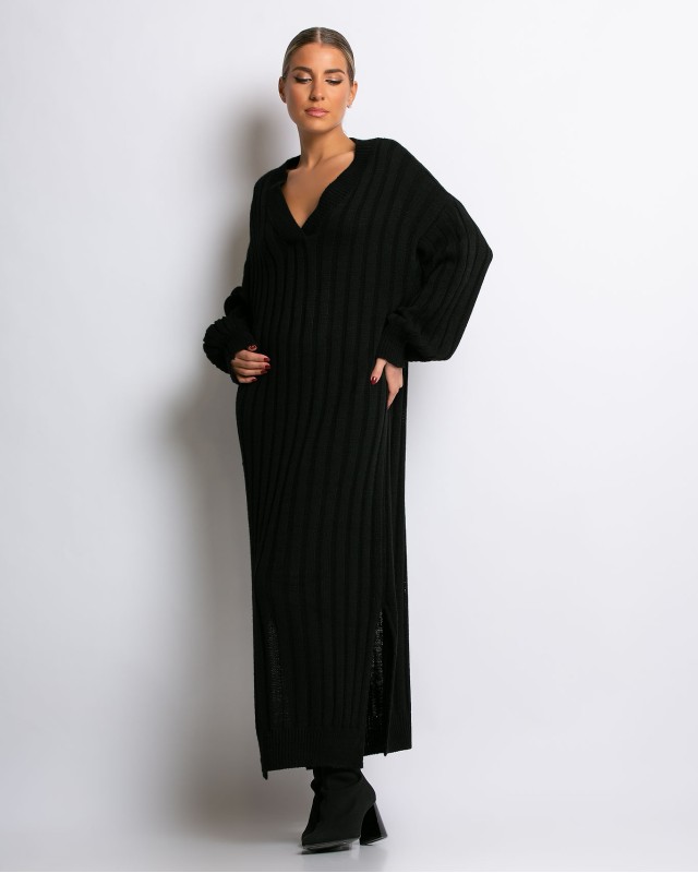 Φόρεμα πλεκτό μακρύ με V μαύρο