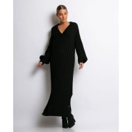 Φόρεμα πλεκτό μακρύ με V μαύρο