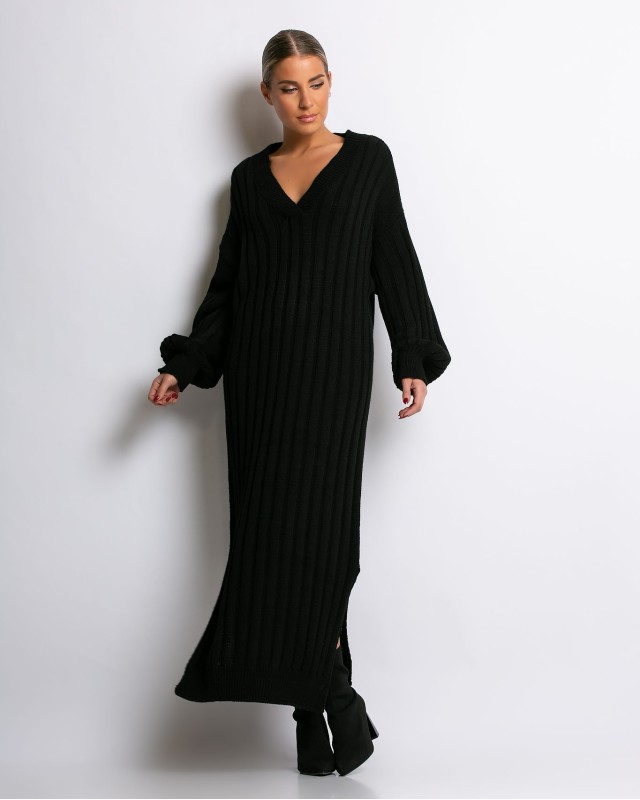 Φόρεμα πλεκτό μακρύ με V μαύρο