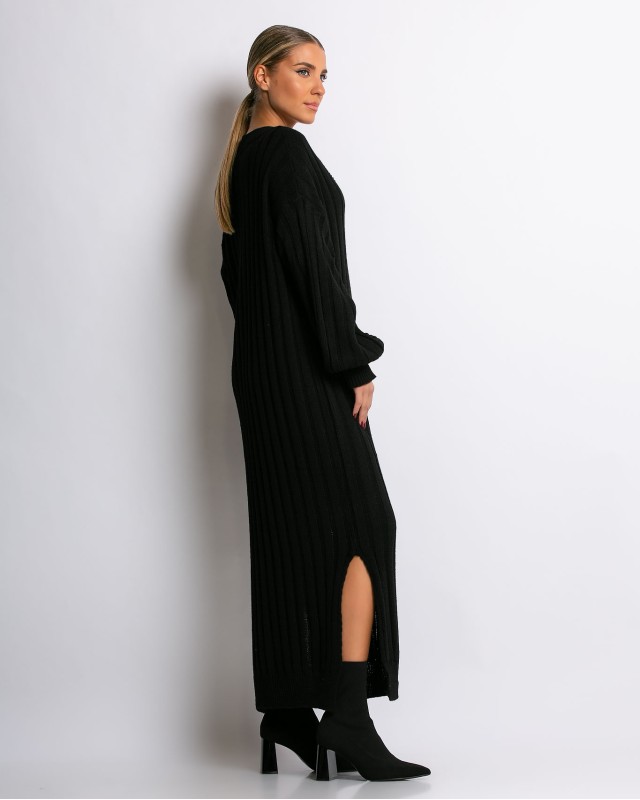 Φόρεμα πλεκτό μακρύ με V μαύρο