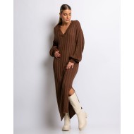 Φόρεμα πλεκτό μακρύ με V καφέ