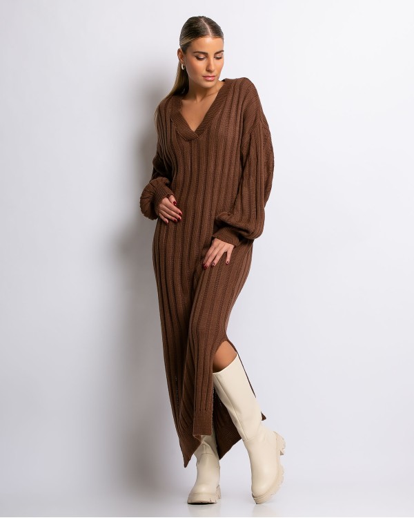 Φόρεμα πλεκτό μακρύ με V σομόν