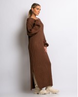 Φόρεμα πλεκτό μακρύ με V καφέ