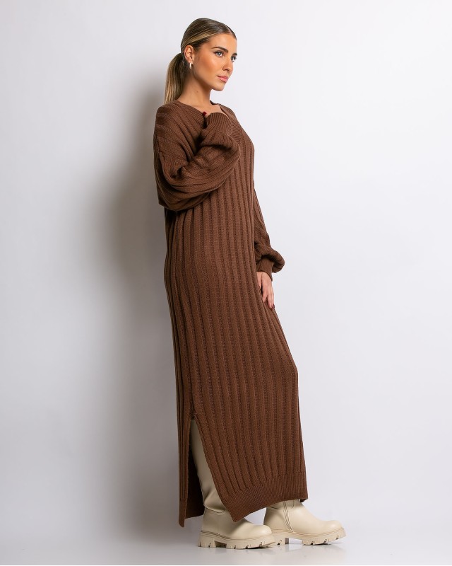 Φόρεμα πλεκτό μακρύ με V καφέ