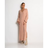 Φόρεμα πλεκτό μακρύ με V σομόν