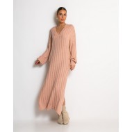 Φόρεμα πλεκτό μακρύ με V σομόν