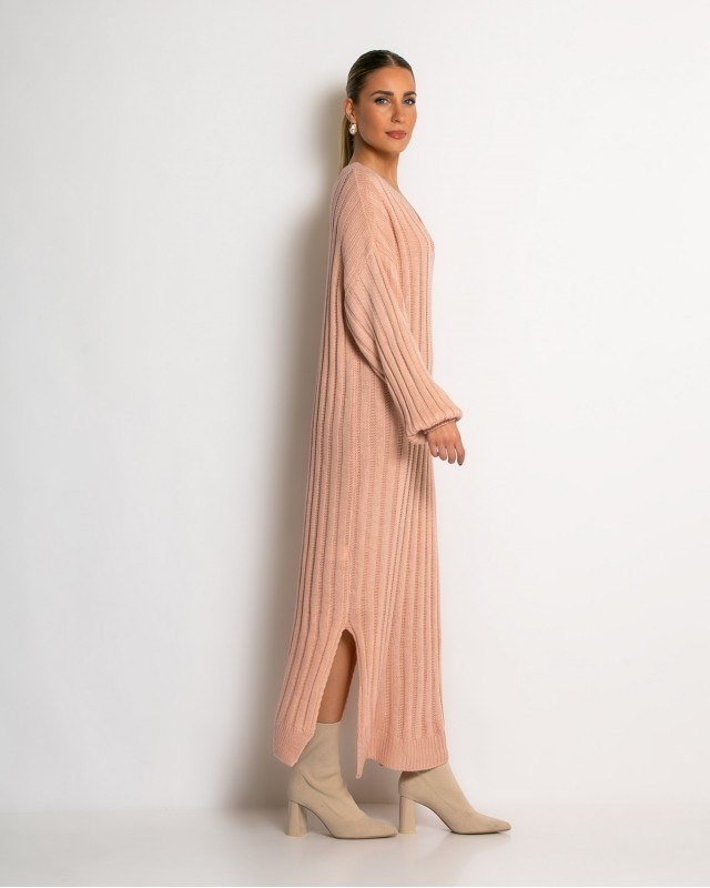 Φόρεμα πλεκτό μακρύ με V σομόν