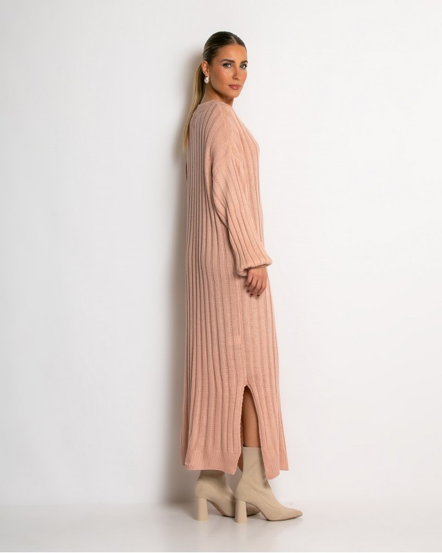 Φόρεμα πλεκτό μακρύ με V σομόν