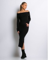 Φόρεμα πλεκτό με έξω ώμους μαύρο
