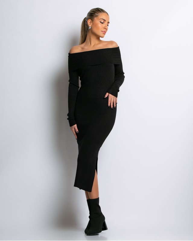 Φόρεμα πλεκτό με έξω ώμους μαύρο