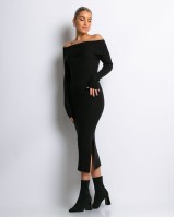 Φόρεμα πλεκτό με έξω ώμους μαύρο