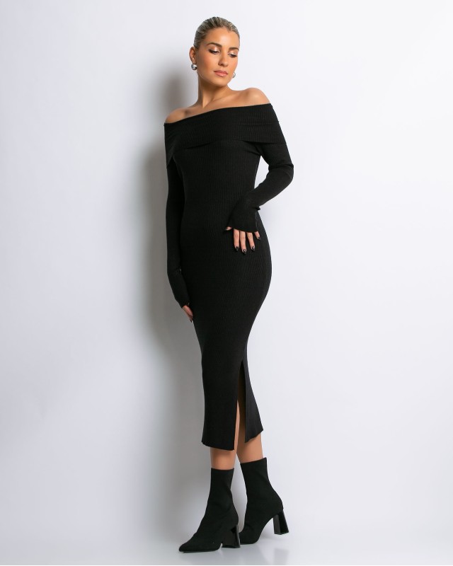 Φόρεμα πλεκτό με έξω ώμους μαύρο
