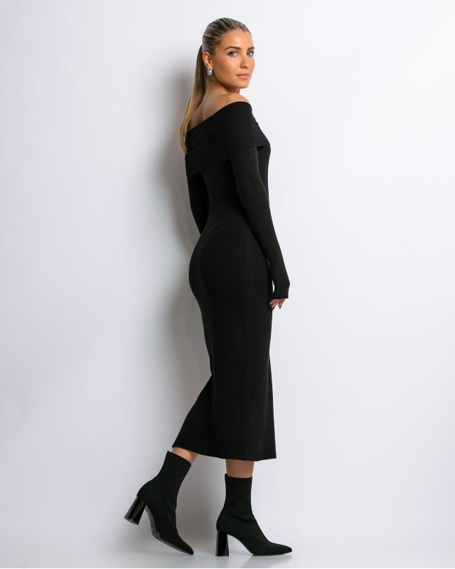 Φόρεμα πλεκτό με έξω ώμους μαύρο