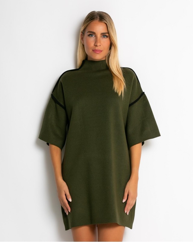 Φόρεμα πλεκτό mini κοντομάνικο χακί