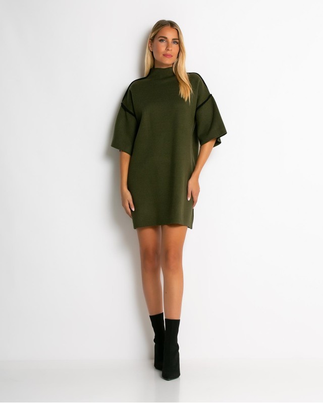 Φόρεμα πλεκτό mini κοντομάνικο χακί