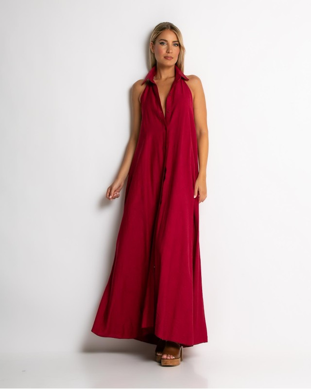 Φόρεμα αμάνικο με γιακά κόκκινο