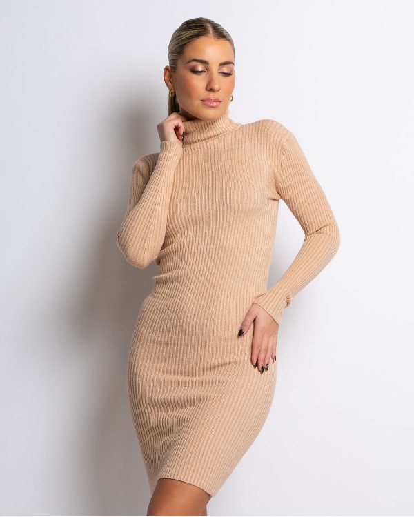Φόρεμα πλεκτό ριπ ζιβάγκο μπεζ