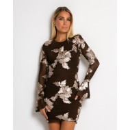 Φόρεμα με ανάγλυφα λουλούδια καφέ