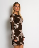 Φόρεμα με ανάγλυφα λουλούδια καφέ