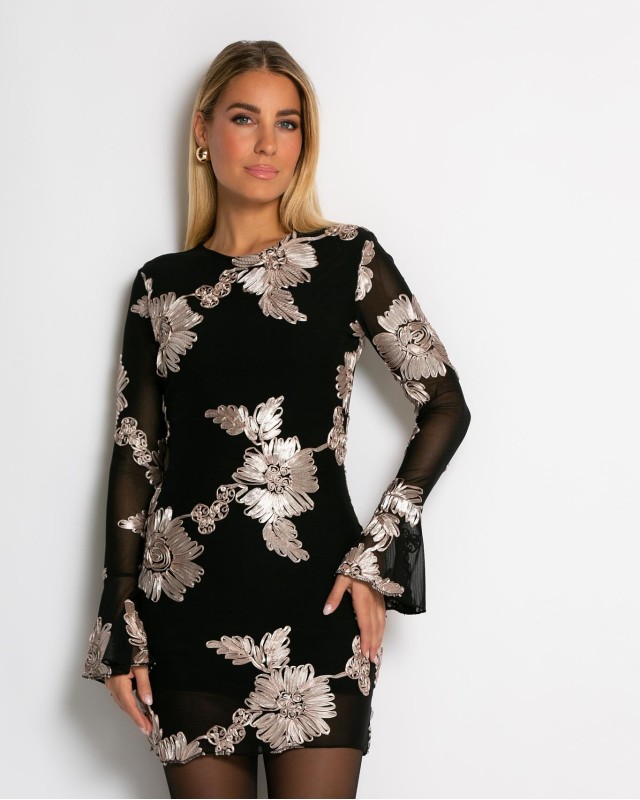 Φόρεμα με ανάγλυφα λουλούδια μαύρο-μπεζ