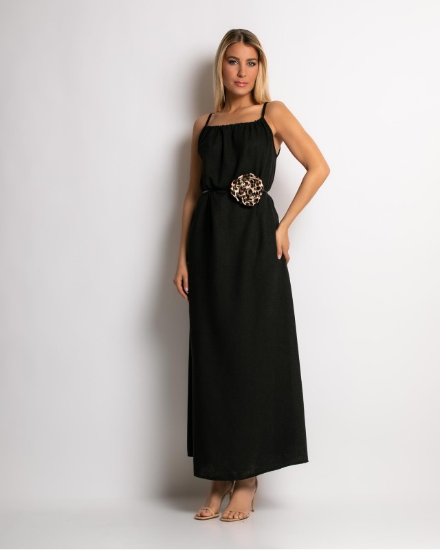 Φόρεμα maxi & ζώνη με leopard λεπτομέρεια μαύρο Φόρεμα maxi & ζώνη με leopard λεπτομέρεια μαύρο