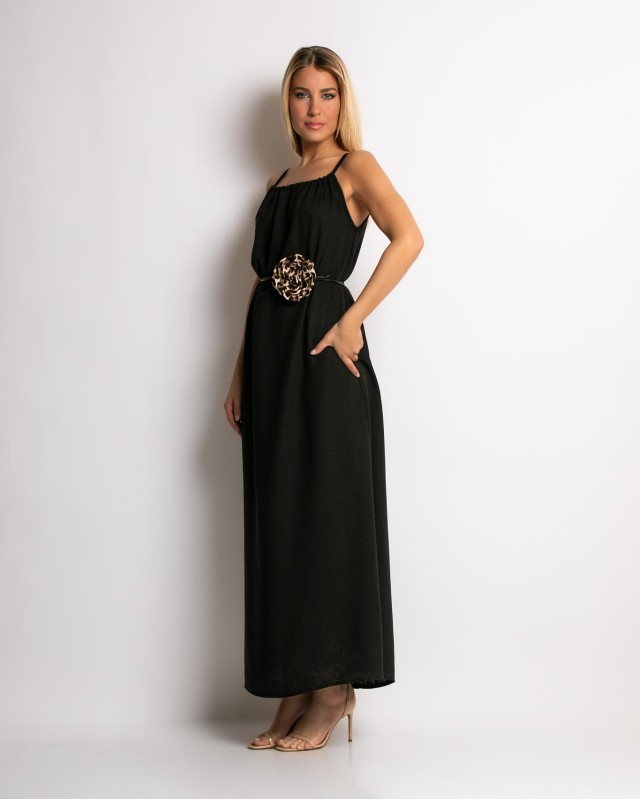 Φόρεμα maxi & ζώνη με leopard λεπτομέρεια μαύρο Φόρεμα maxi & ζώνη με leopard λεπτομέρεια μαύρο