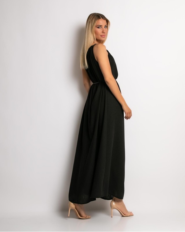 Φόρεμα maxi & ζώνη με leopard λεπτομέρεια μαύρο Φόρεμα maxi & ζώνη με leopard λεπτομέρεια μαύρο