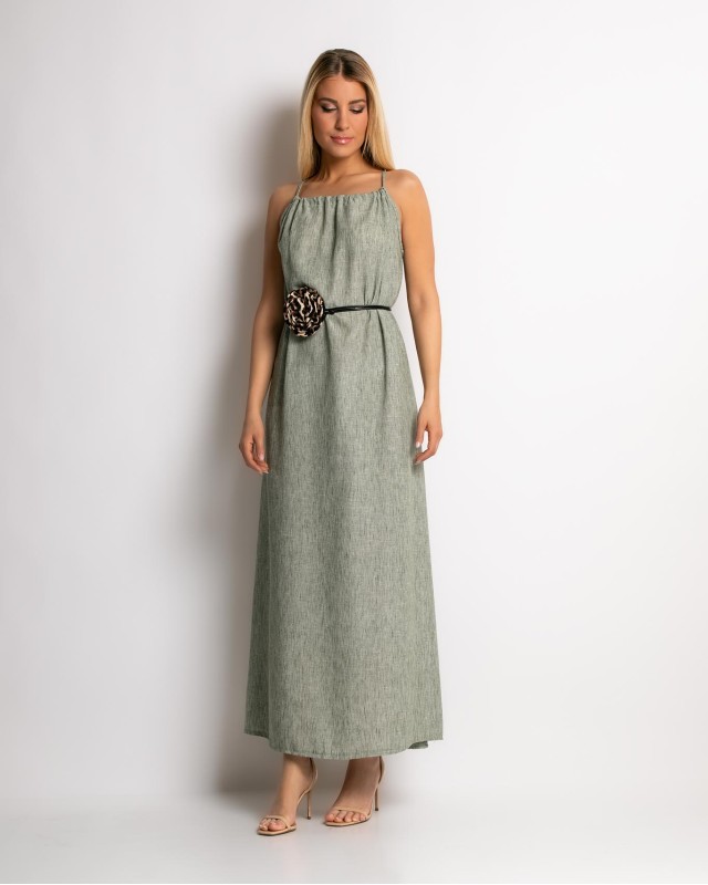 Φόρεμα maxi & ζώνη με leopard λεπτομέρεια χακί Φόρεμα maxi & ζώνη με leopard λεπτομέρεια χακί