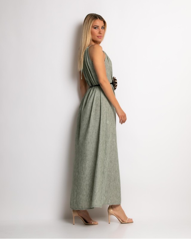 Φόρεμα maxi & ζώνη με leopard λεπτομέρεια χακί Φόρεμα maxi & ζώνη με leopard λεπτομέρεια χακί