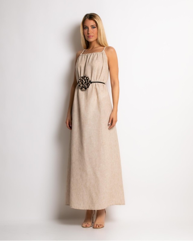 Φόρεμα maxi & ζώνη με leopard λεπτομέρεια μπεζ Φόρεμα maxi & ζώνη με leopard λεπτομέρεια μπεζ