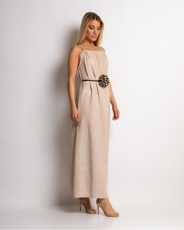 Φόρεμα maxi & ζώνη με leopard λεπτομέρεια μπεζ Φόρεμα maxi & ζώνη με leopard λεπτομέρεια μπεζ