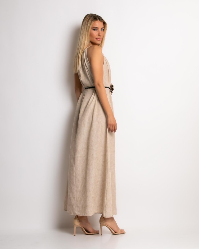 Φόρεμα maxi & ζώνη με leopard λεπτομέρεια μπεζ Φόρεμα maxi & ζώνη με leopard λεπτομέρεια μπεζ