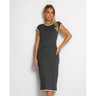 Φόρεμα πλεκτό με γραμμές & διακοσμητική καρφίτσα ανθρακί