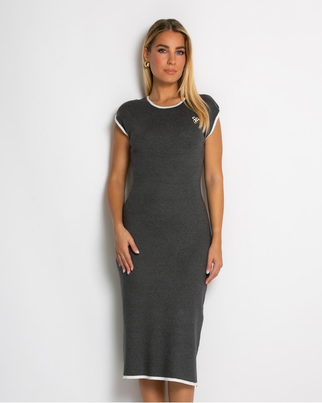 Φόρεμα πλεκτό με γραμμές & διακοσμητική καρφίτσα ανθρακί