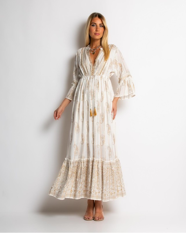 Φόρεμα boho με τρουακαρ μανίκι μπεζ χρυσό Φόρεμα boho με τρουακαρ μανίκι μπεζ χρυσό