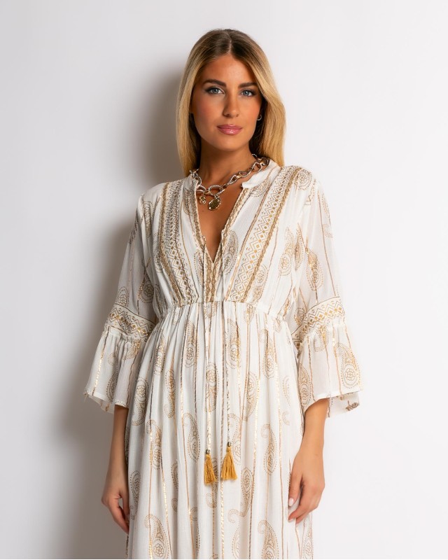 Φόρεμα boho με τρουακαρ μανίκι μπεζ χρυσό Φόρεμα boho με τρουακαρ μανίκι μπεζ χρυσό
