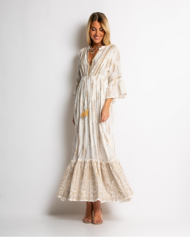 Φόρεμα boho με τρουακαρ μανίκι μπεζ χρυσό Φόρεμα boho με τρουακαρ μανίκι μπεζ χρυσό