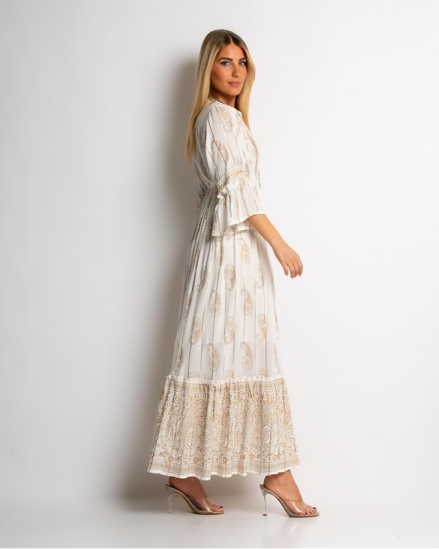 Φόρεμα boho με τρουακαρ μανίκι μπεζ χρυσό Φόρεμα boho με τρουακαρ μανίκι μπεζ χρυσό