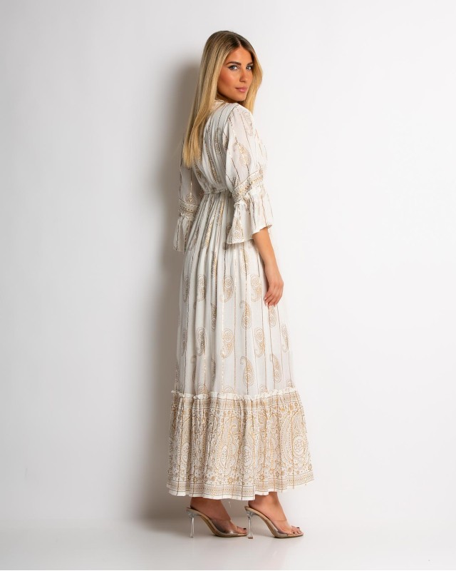 Φόρεμα boho με τρουακαρ μανίκι μπεζ χρυσό Φόρεμα boho με τρουακαρ μανίκι μπεζ χρυσό