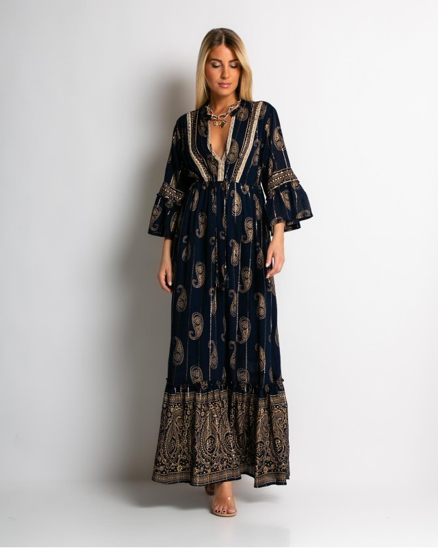 Φόρεμα boho με τρουακαρ μανίκι navy χρυσό Φόρεμα boho με τρουακαρ μανίκι navy χρυσό