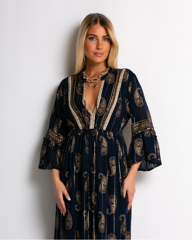 Φόρεμα boho με τρουακαρ μανίκι navy χρυσό Φόρεμα boho με τρουακαρ μανίκι navy χρυσό