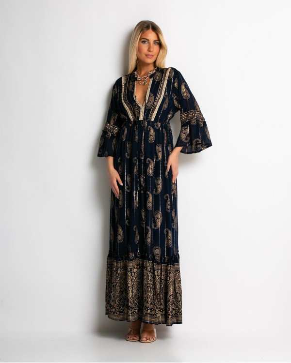 Φόρεμα boho με τρουακαρ μανίκι μπεζ χρυσό
