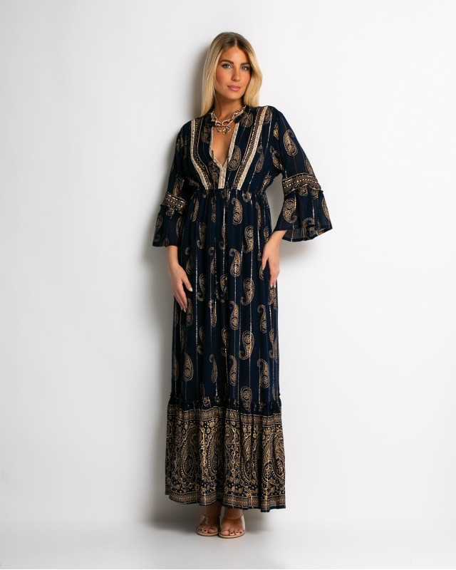Φόρεμα boho με τρουακαρ μανίκι navy χρυσό Φόρεμα boho με τρουακαρ μανίκι navy χρυσό