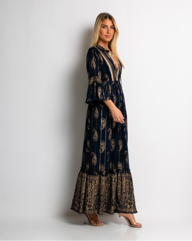 Φόρεμα boho με τρουακαρ μανίκι navy χρυσό Φόρεμα boho με τρουακαρ μανίκι navy χρυσό